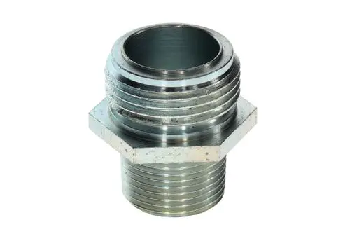 Bosch Anschlussnippel mit einem Gewinde und einer sechseckigen Basis, geeignet für gasbetriebene Anwendungen. Der Nippel hat eine glatte Innenseite.